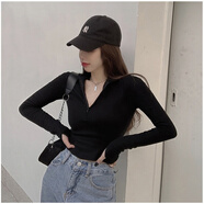 KAHTOP2025春秋新款韓版高腰短款T恤女休閑白色上衣露臍裝外穿打底衫CLJ 性感拉鏈黑色 M 