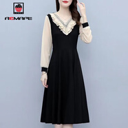 AEMAPE 連衣裙女2025春秋冬季新款女裝時(shí)尚氣質(zhì)假兩件裙子女秋季休閑 黑色拼白色 M
