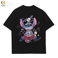 洛必達時(shí)尚新款百搭星際聯(lián)名史迪奇短袖男大碼休閑史迪仔T恤女情侶裝 黑色-史迪仔包公仔看書(shū) 2XL