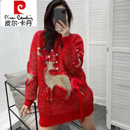 皮爾卡丹（pierre cardin）2025秋冬新款圣誕麋鹿亮絲慵懶風(fēng)中長(zhǎng)款寬松重工鑲鉆紅色厚毛衣女 紅色 亮絲重工小鹿 加厚 XL