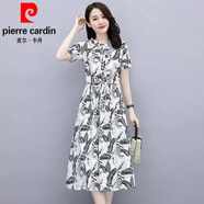 皮爾卡丹（pierre cardin）全棉小碎花連衣裙女中長款2025夏時尚氣質(zhì)翻領(lǐng)顯瘦印花純棉布裙子 白羽毛 0521款 2XL 建議125-135斤