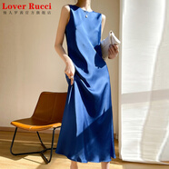 LOVER RUCCI三醋酸緞面真絲吊帶連衣裙女夏季桑蠶絲圓領(lǐng)長(zhǎng)裙子A字裙高腰無袖 藍(lán)色 L