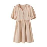 假日概念燈籠袖雪紡連衣裙女a(chǎn)字V領(lǐng)2025年夏季新款小個(gè)子高腰短裙半截中裙 米黃 S