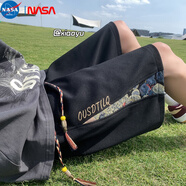 NASA MARVEL美式短褲男潮牌夏季薄款百搭拼接百搭五分褲運動(dòng)休閑直筒中褲痞帥 黑色 L