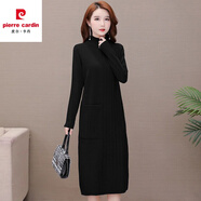 皮爾卡丹（pierre cardin）連衣裙女秋冬中長款過膝配大y針織套頭加絨加厚洋氣半高領(lǐng)打底衫 口袋條紋 【黑色】 L 【建議110-120斤】