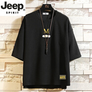 JEEP SPIRIT吉普男士七分袖T恤夏季潮流百搭休閑7分袖體恤簡約胖子大碼寬松 DQ21118黑色 M 95至115斤可穿