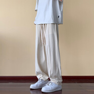 魄克棉麻休閑褲男夏季薄款oversize闊腿寬松褲子美式高街亞麻直筒褲 米白色 XL 120-140斤