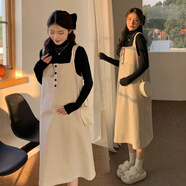 孕婦裝春秋季連衣裙2025兩件套毛呢背帶裙洋氣時尚款套裝春季上衣 杏色背帶裙 XL【125-140斤】