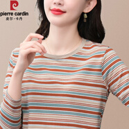 皮爾卡丹純棉長袖t恤女士春秋橫條紋圓領(lǐng)洋氣小衫上衣中年外穿打底衫 杏棕條紋 XL