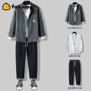 發(fā)小稽衣服男秋季燈芯絨外套男加厚2022年新款痞帥男裝一套搭配成熟夾克男士 深灰三件套【燈芯絨外套+長袖+牛仔褲】 L