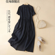 優(yōu)吻（YOUWen）2025新款尾單亞麻連衣裙女短袖韓版娃娃領(lǐng)棉麻襯衫裙 黑色 少量現(xiàn)貨 L 【120-135斤】