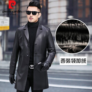 皮爾卡丹（pierre cardin）【輕商務】高端男裝  真皮皮衣男加絨綿羊皮軟皮中長款皮夾克爸爸 黑色加絨款 165 46