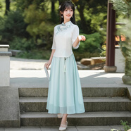 妖妮漢服女成人年輕日常旗袍演出2025新中式國風棉麻刺繡雪紡裙兩件套 6518#白綠色套裝 M (建議體重80-95斤）