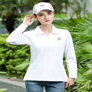 正肩t恤女顯瘦別致長(cháng)袖上衣女長(cháng)袖T恤女顯瘦長(cháng)袖T恤女有領(lǐng)衛衣打底女裝翻領(lǐng)體恤運動(dòng)寬松上衣POLO衫 長(cháng)袖皇冠繡花-白色 XXXL碼建議134-150斤