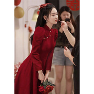 YIOU新中式酒紅色新娘敬酒服2025旗袍改良訂婚聚會(huì )平時(shí)可穿禮服裙5138 長(cháng)袖（不露背） L