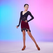 CONNY拉丁舞練功服女成人新款摩登舞服半身裙流蘇包臀舞蹈短裙跳舞衣服 酒紅色單裙子 XL