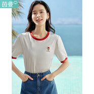 茵曼涼感撞色繡花女裝正肩短袖t恤2025夏季新品打底衫上衣 珍珠白 XL