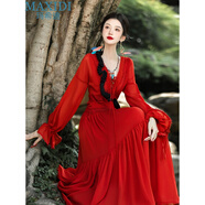 瑪希迪2024新款連衣裙雪紡旅游度假風(fēng)女神范仙氣收腰顯瘦文藝氣質(zhì)中長(cháng)裙 紅色 S