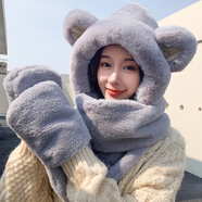珂梵圖（Kefantu）帽子圍巾一體女秋冬季百搭2024年洋氣可愛保暖毛絨防寒帽 亮片M耳款-灰色 雙層加厚