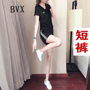 BVX運動套裝女裝時尚寬松洋氣短袖T恤夏季薄款百搭潮流運動服兩件套 短褲+黑色上衣 S【80-89斤】