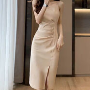 康創(chuàng  )暉2023夏新款吊帶連衣裙女中長(cháng)款開(kāi)叉性感收腰顯瘦晚禮服吊帶裙長(cháng)裙 米白色 XL
