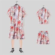 OLOMM 短袖花襯衫男兩件套春夏季沙灘短褲子男青少年男裝套裝青年休閑復古潮流夏威夷襯衣 1151 M