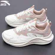 安踏（ANTA）女鞋運動(dòng)鞋子女冬季皮面革面老爹小白鞋女士慢跑步鞋休閑鞋跳繩鞋 漫步-象牙白/藕灰 37.5