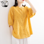弄堂里高端輕奢 大的碼棉麻襯衫燈籠袖上衣女夏文藝休閑襯衣百搭顯瘦寬松亞麻衫 黃色 XL（建議130-145斤左右）