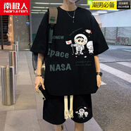 南極人（Nanjiren）華夫格t恤男夏季套裝潮牌寬松運動短袖短褲男裝搭配一套帥氣衣服 B477黑色 3XL
