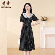 詩(shī)緒復古黑色波點(diǎn)娃娃領(lǐng)雪紡連衣裙女2025夏季新款顯瘦長(cháng)裙62115 黑色 S
