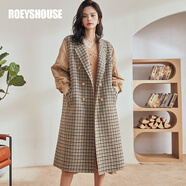 ROEYSHOUSE羅衣71.4%羊毛保暖毛呢大衣冬裝新款拼接雙面呢中長外套05393 卡其格 M