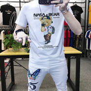 NPZ 港系潮牌夏季潮流印花小熊男士休閑短袖t恤修身大碼絲光棉體恤男 白色  XL
