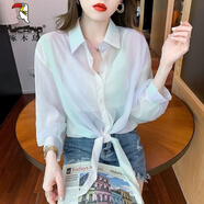 啄木鳥(niǎo)新款雪紡防曬襯衫女百搭薄款夏季外搭開(kāi)衫系帶短款披肩長(cháng)袖防曬衣 淺綠彩虹(短款系帶) 199版 M 建議90-100斤