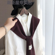 BRH春秋夏季新款小坎肩針織披肩外搭空調房護頸椎襯衫藍色搭肩女時(shí)尚 袖子帶標針織披肩-褐色