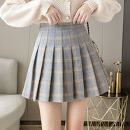 獨旅遮屁簾穿搭神器百褶裙高腰顯瘦毛呢短裙女秋冬裙彈力格子半身裙新 灰黃格 【拉鏈款】 S 建議75-90斤左右