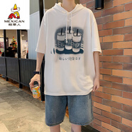 稻草人原宿風(fēng)連帽短袖T恤男日系潮牌oversize半袖上衣夏季大碼男裝體恤 白色 M