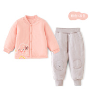 棉大班（MIANDABAN）寶寶夾棉保暖內衣套裝嬰兒秋冬三層薄棉加厚棉衣棉褲男女童冬裝新 淺粉+灰色 90 CM