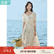 茵曼（INMAN）文藝清新連衣裙2025夏季女裝新款花邊桃心領(lǐng)收腰泡泡袖長裙 悠蘭杏 M