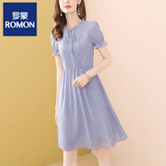 羅蒙（ROMON）雪紡短袖連衣裙女夏天新款氣質(zhì)小個(gè)子收腰顯瘦中裙款a字裙女 高端品牌藍(lán)色+高檔品牌 S 建議85-95斤+高檔品牌