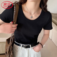 浪莎女士T恤女夏季薄款顯瘦圓領螺紋純色打底百搭透氣女士休閑短袖