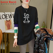 LOVER RUCCI歐貨秋冬新款t恤打底衫女寬松中長(zhǎng)款磨毛加厚內(nèi)搭遮屁股長(zhǎng)袖上衣 991-141A黑色 XL 適合125-140斤