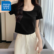 真維斯（JEANSWEST）t恤女士夏季2025新款方領(lǐng)短款緊身短袖女裝休閑時尚甜妹半袖上衣 黑色 純色 M 【螺紋下擺】