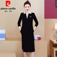 皮爾卡丹（pierre cardin）過膝連衣裙女夏季寬松遮肚大l碼翻領(lǐng)春夏休閑運(yùn)動(dòng)長(zhǎng)款t恤裙子針織 黑色春秋款 L 建議115-125斤