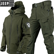 JEEP SPIRIT大碼戶外軟殼沖鋒衣男套裝秋冬加絨騎行夾克機(jī)能登山戰(zhàn)術(shù)外套 上衣+褲子【綠色】 L 135-145斤