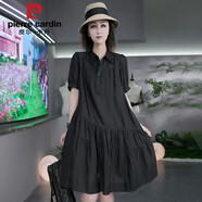 皮爾卡丹白色雪紡連衣裙2025新款女夏裝韓版感寬松大碼a字襯衣領(lǐng)裙子 黑色 XL 115-130斤