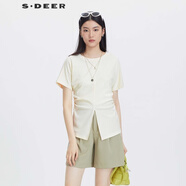 S.DEER圣迪奧女裝夏季時(shí)尚百搭圓領(lǐng)立體裁剪開衩短袖T恤S23260108 米白/48 M 165