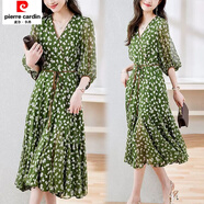 皮爾卡丹廣州十三行連衣裙2026夏季新款韓版V領(lǐng)碎花設計大擺修身顯瘦裙子 綠色 L 【建議105-115斤】