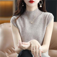 婷婉美半高領(lǐng)針織衫女短袖t恤上衣寬松顯瘦2023春夏新款無(wú)袖針織打底衫 駝色 XL【建議120-130斤】