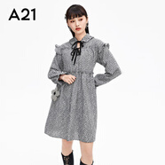 A21秋季新款女裝復古格紋荷葉袖長(cháng)袖連衣裙設計感荷葉邊裙子 黑色 L