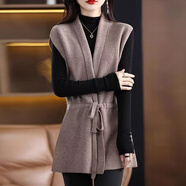 瑪菲萱馬甲開(kāi)衫女中長(zhǎng)款收腰系帶寬松無(wú)袖毛衣外套女百搭顯瘦針織衫坎肩 駝色單馬甲 XL 建議115-125斤